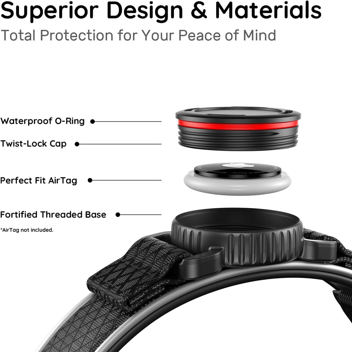 Airtag Dog Collar with Airtag Holder, IP68 Waterproof (Black, M)