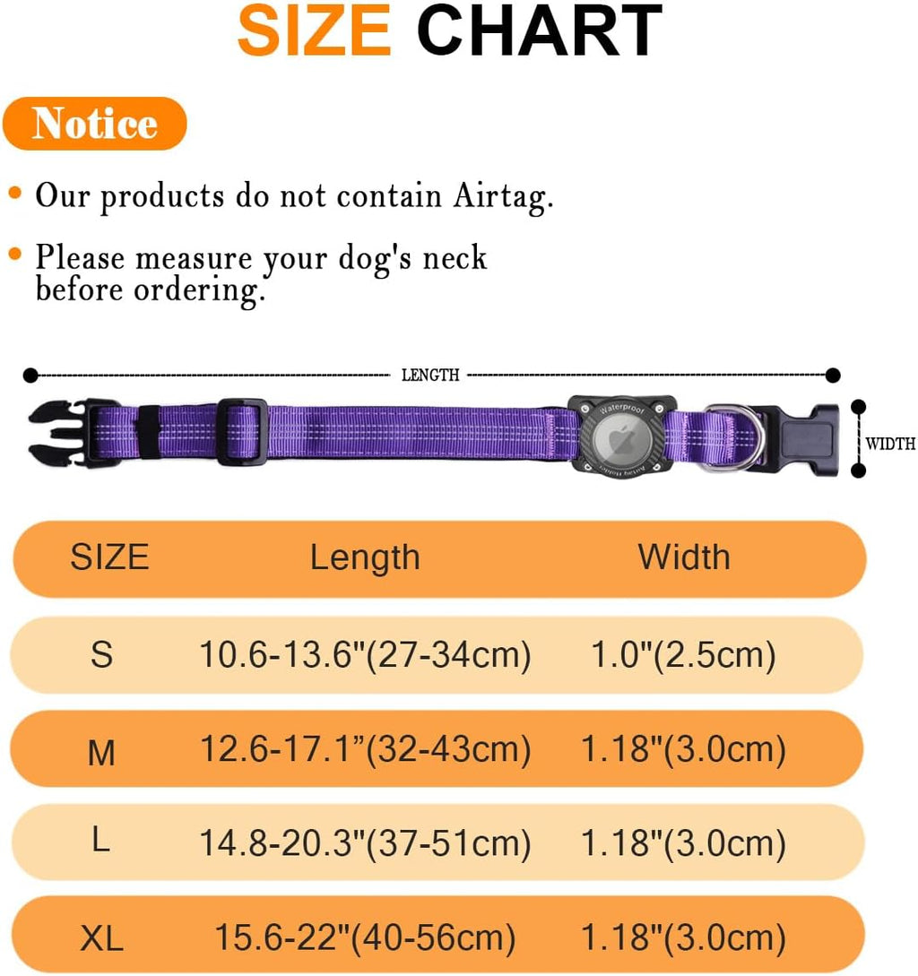 Nylon Dog Collar with Airtag Holder, IPX8 Waterproof, Purple, M