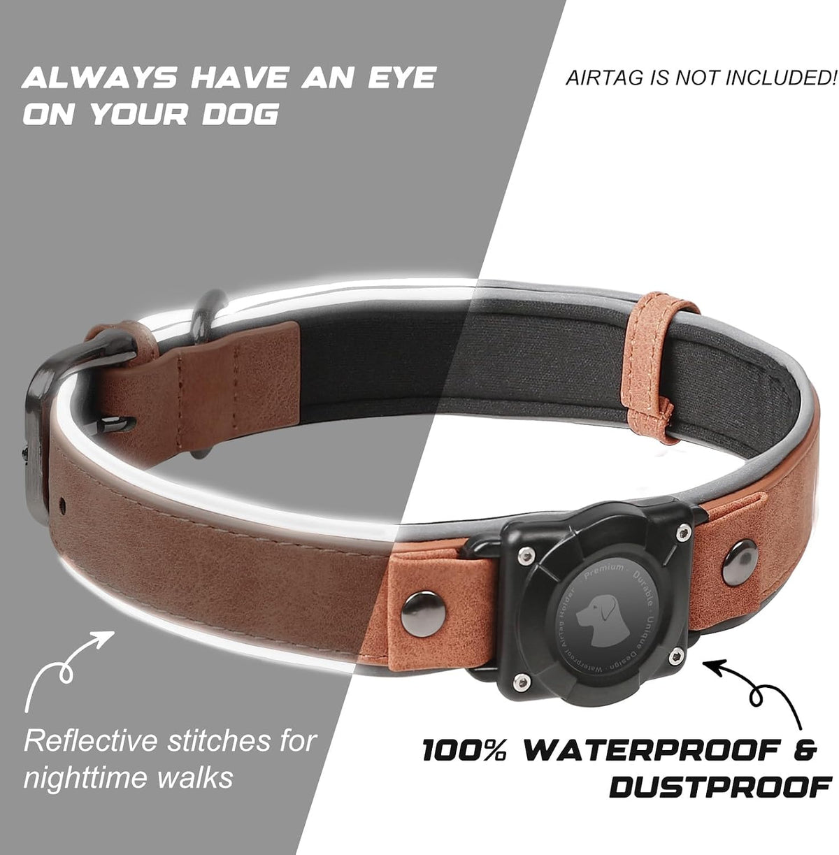 Leather Airtag Dog Collar, Waterproof Dog Collar with Air Tag Holder