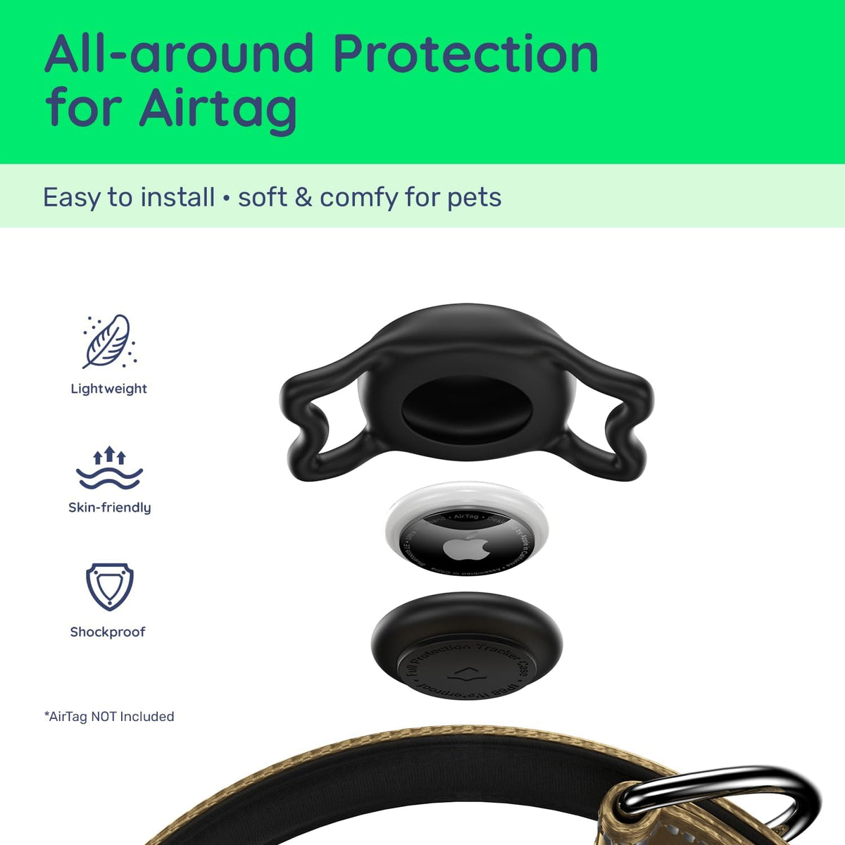 Premium Airtag Dog Collar，With IP68 Waterproof Airtag Holder,Brown,M