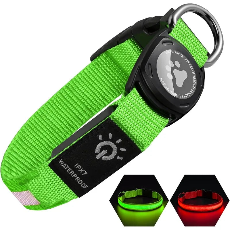 Led Luminous Heavy Duty Dog Collar with Airtag Case Rehargeable Adjustable Light Pet Collar for Small Medium Large Dogs New