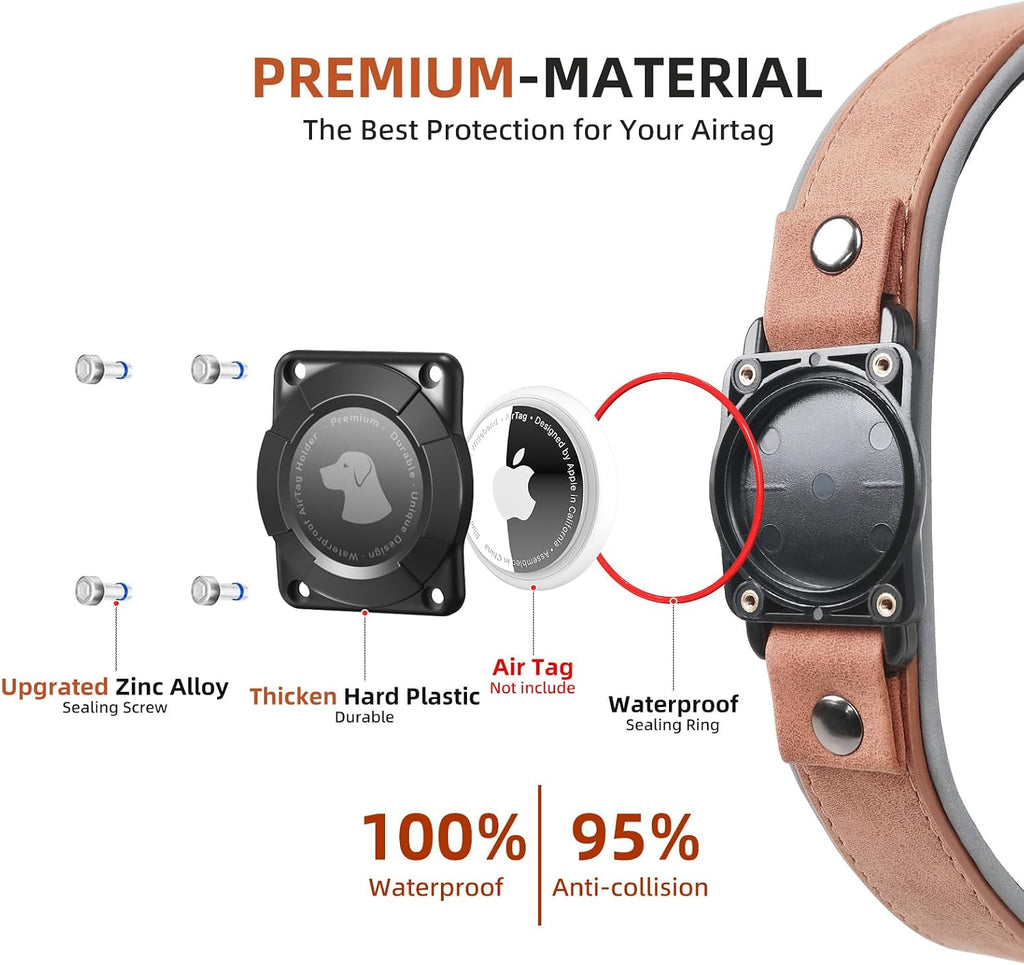 Leather Airtag Dog Collar, Waterproof Dog Collar with Air Tag Holder