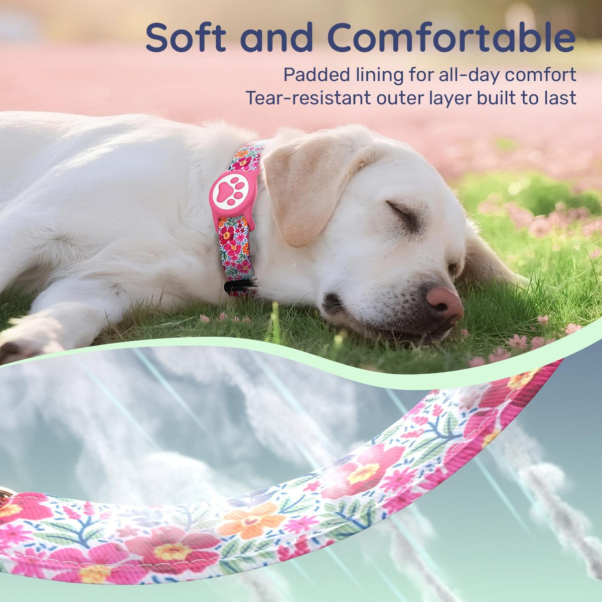 Airtag Dog Collar,With Waterproof Airtag Holder，Original Stylish Cute Pattern Design.Qr Code ID Buckle，Comfortable Soft Cotton for Small Medium Large Dogs