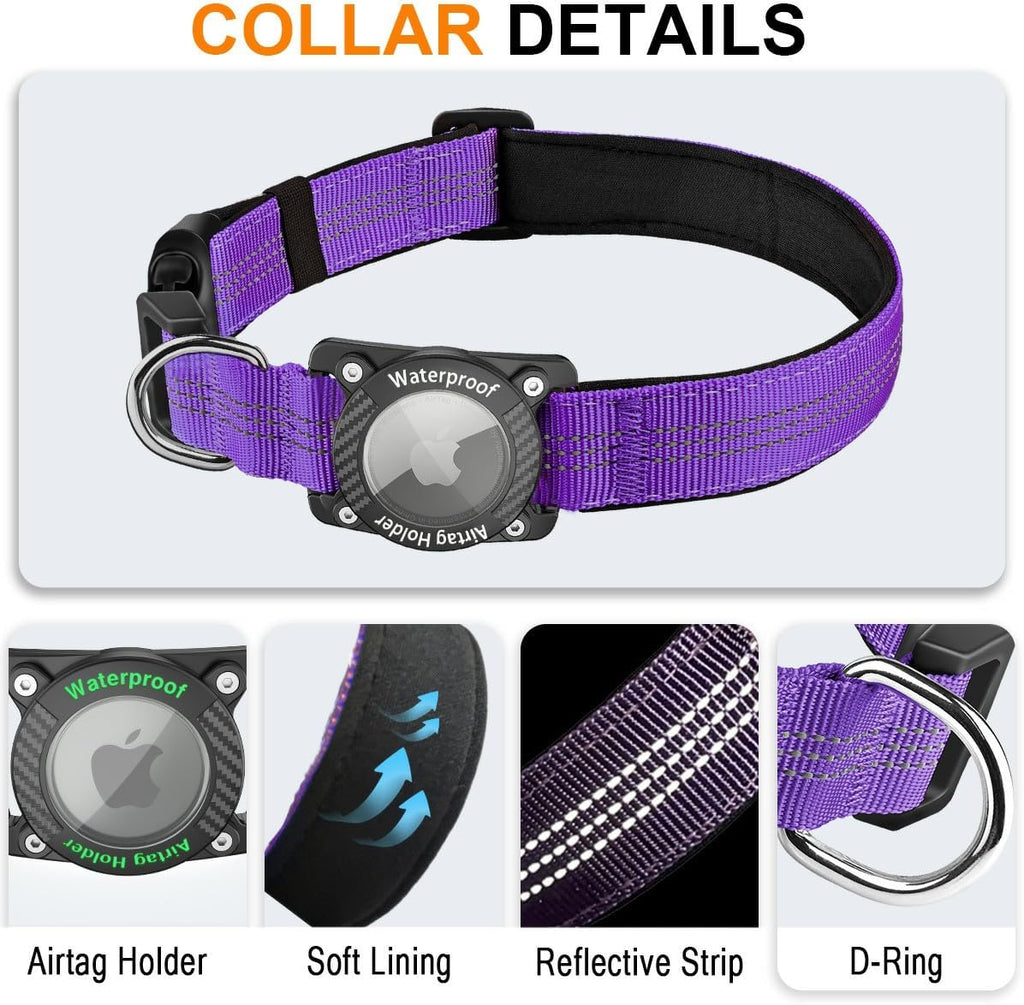 Nylon Dog Collar with Airtag Holder, IPX8 Waterproof, Purple, M