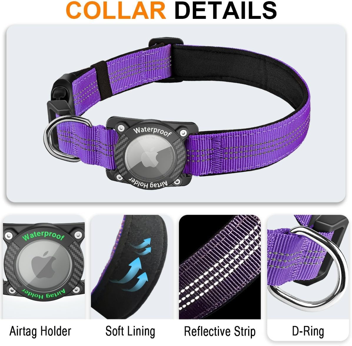 Nylon Dog Collar with Airtag Holder, IPX8 Waterproof, Purple, M