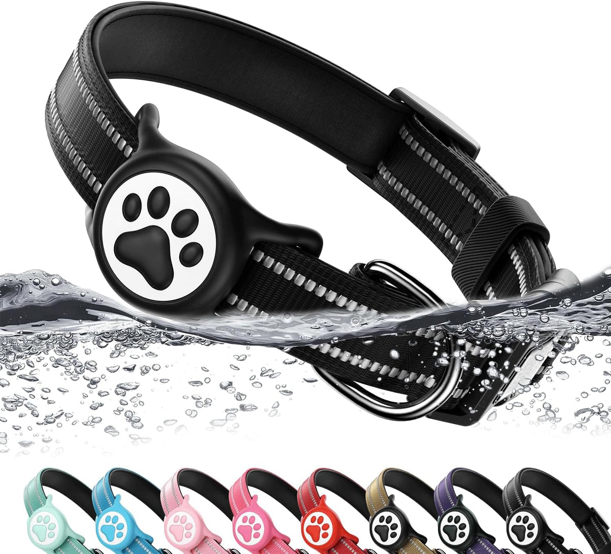 Premium Airtag Dog Collar，With IP68 Waterproof Airtag Holder,Black,S