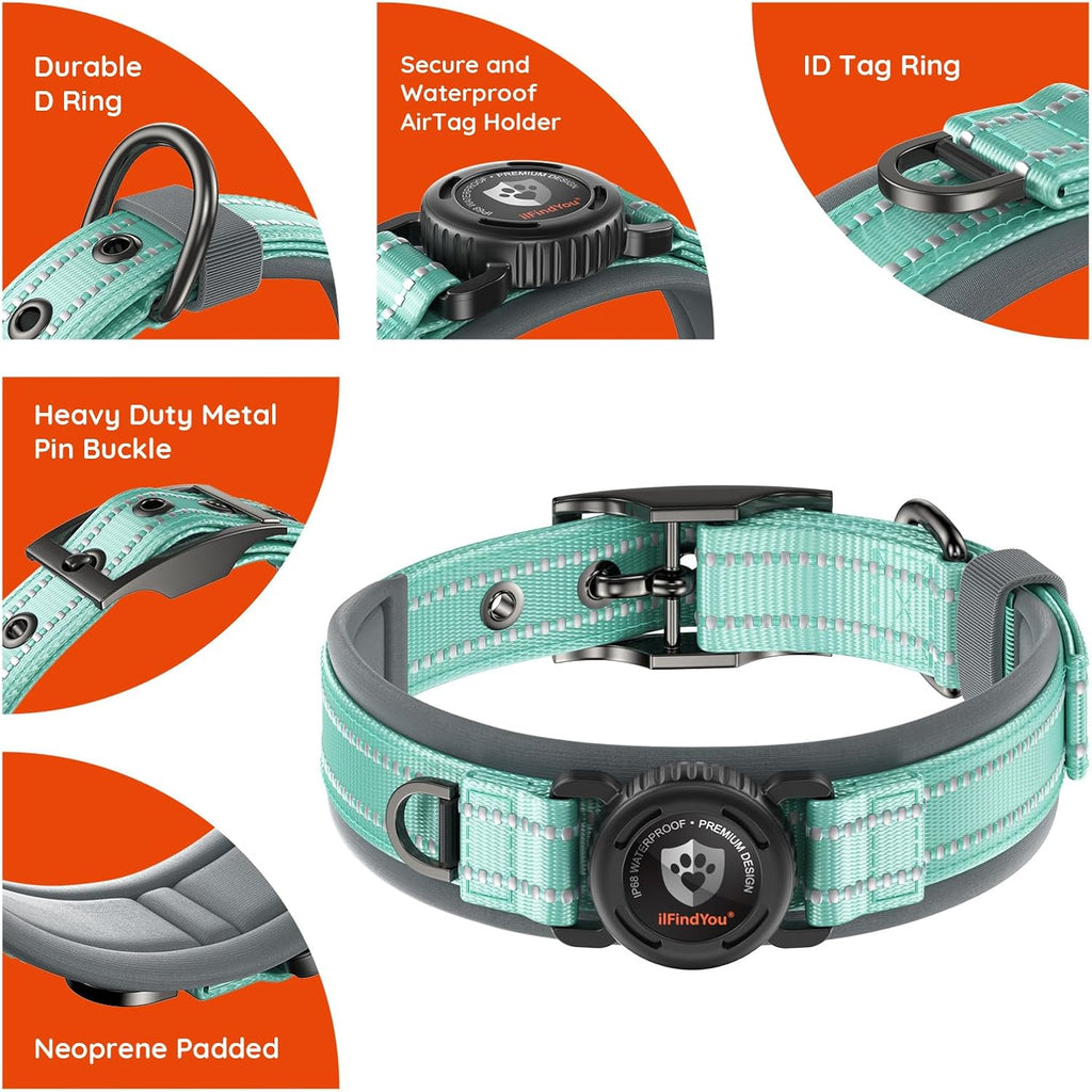 Heavy Duty Dog Collar with Airtag Holder, IP68 Waterproof, M Cyan