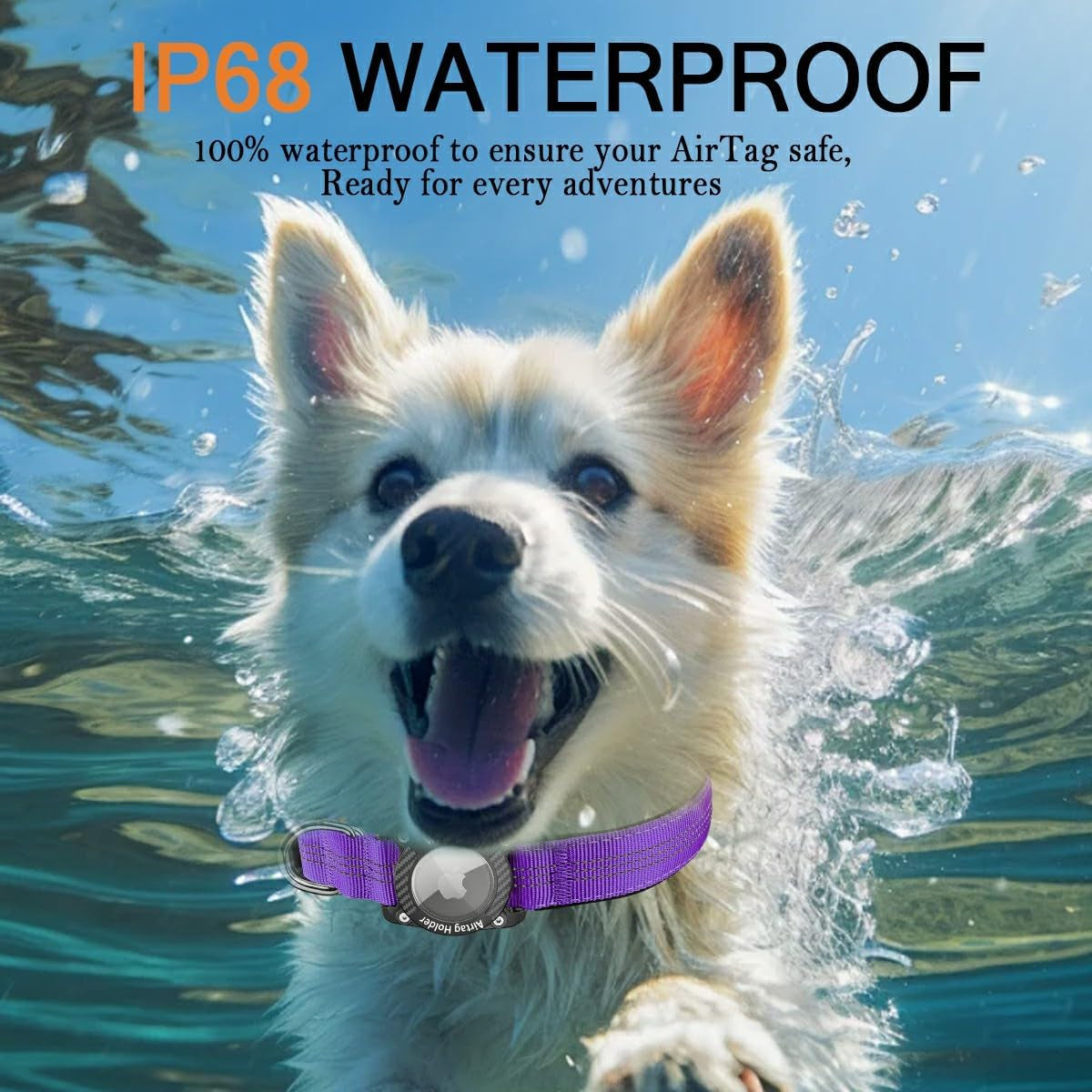Nylon Dog Collar with Airtag Holder, IPX8 Waterproof, Purple, M
