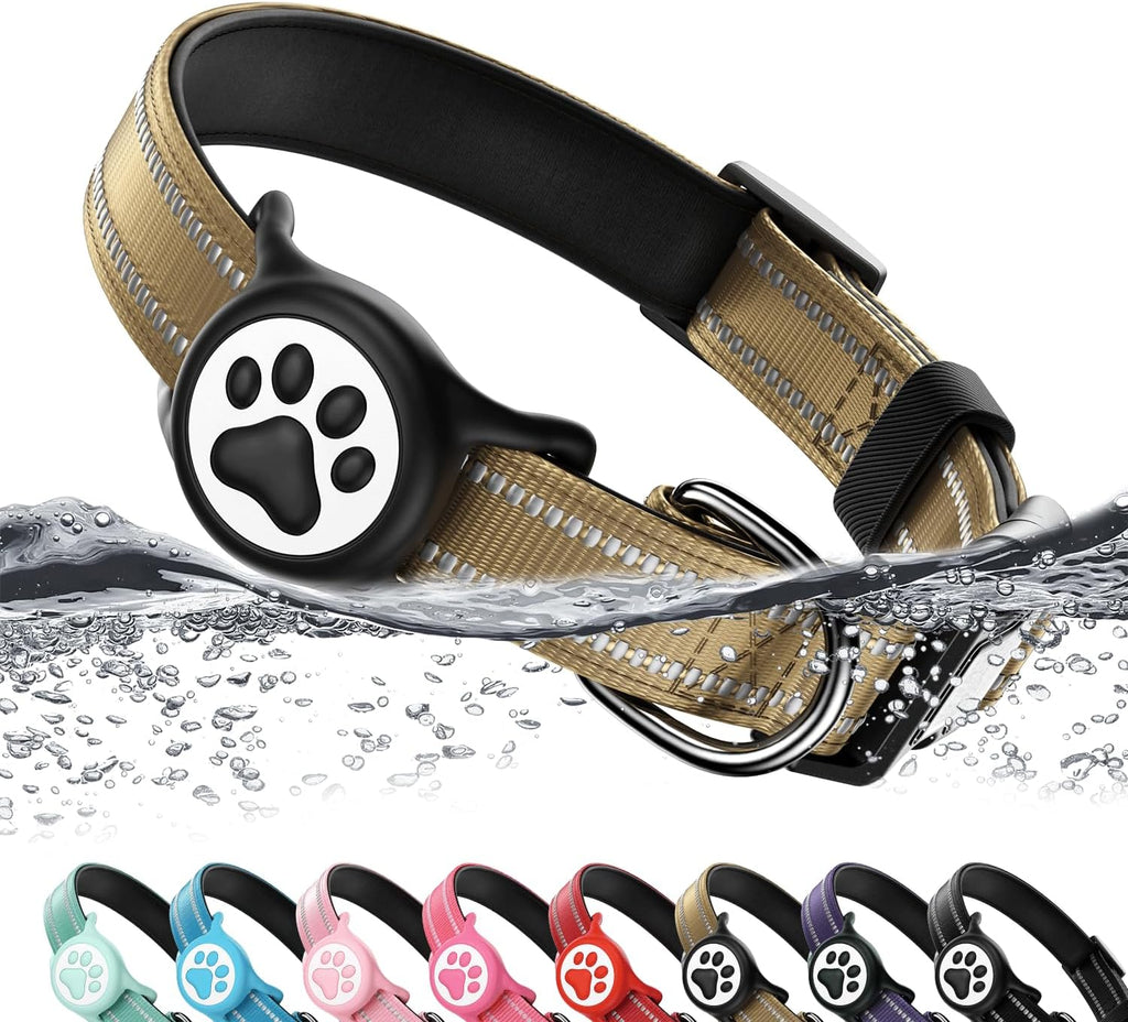 Premium Airtag Dog Collar，With IP68 Waterproof Airtag Holder,Brown,M
