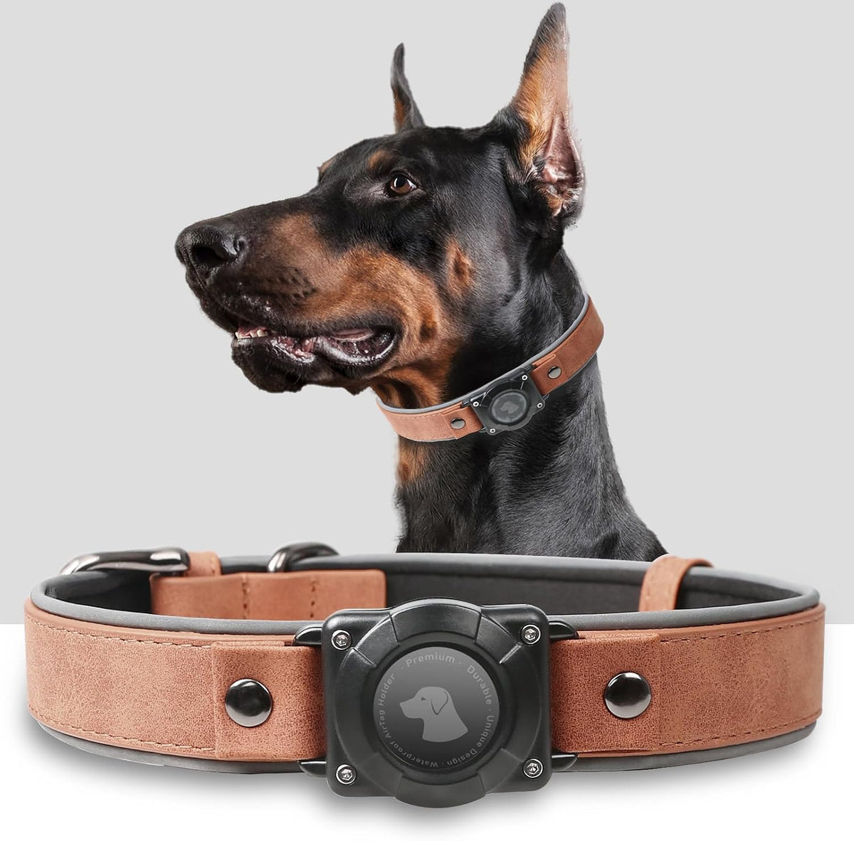 Leather Airtag Dog Collar, Waterproof Dog Collar with Air Tag Holder