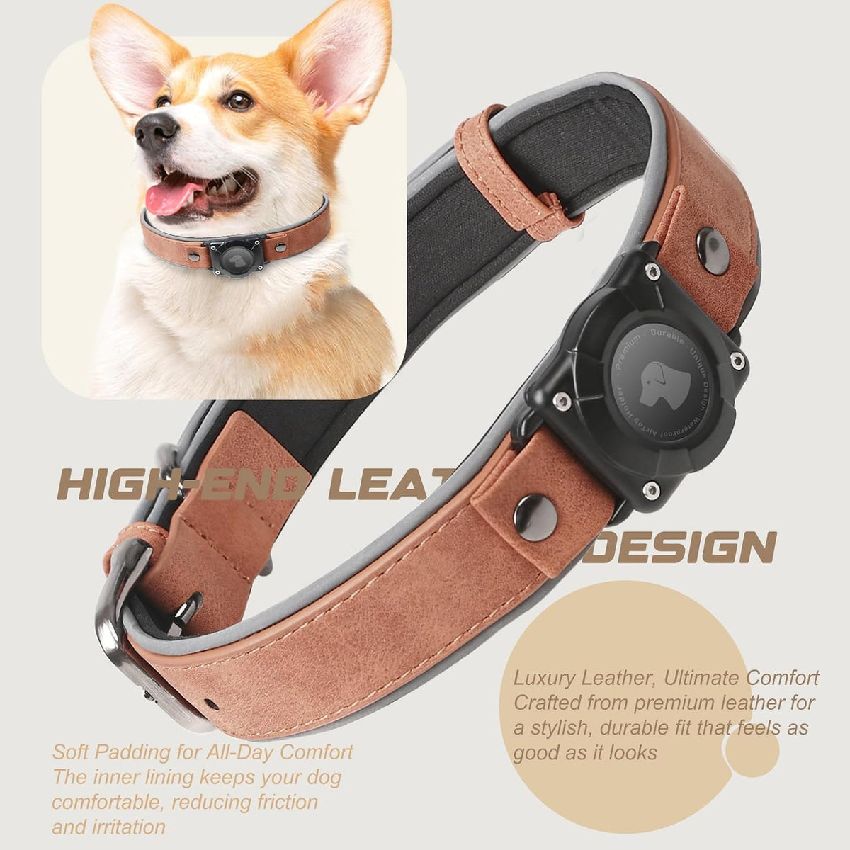 Leather Airtag Dog Collar, Waterproof Dog Collar with Air Tag Holder