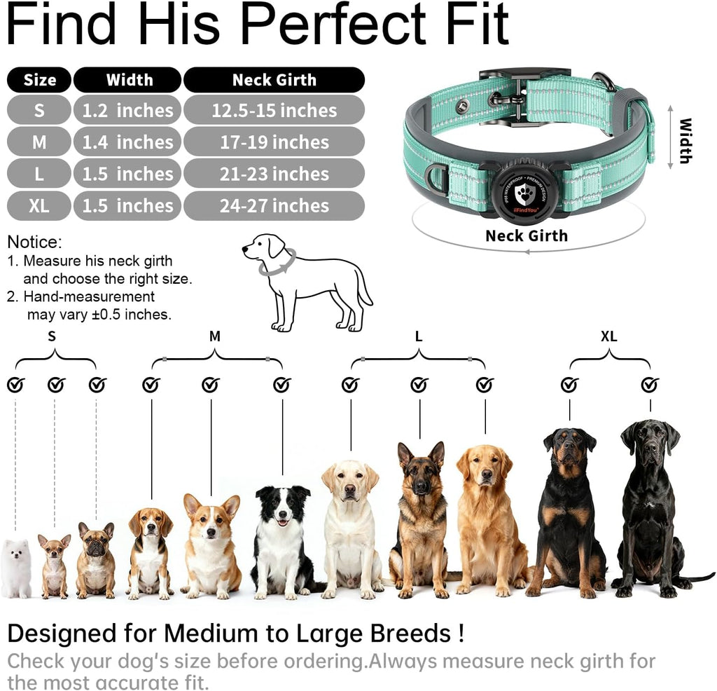 Heavy Duty Dog Collar with Airtag Holder, IP68 Waterproof, M Cyan
