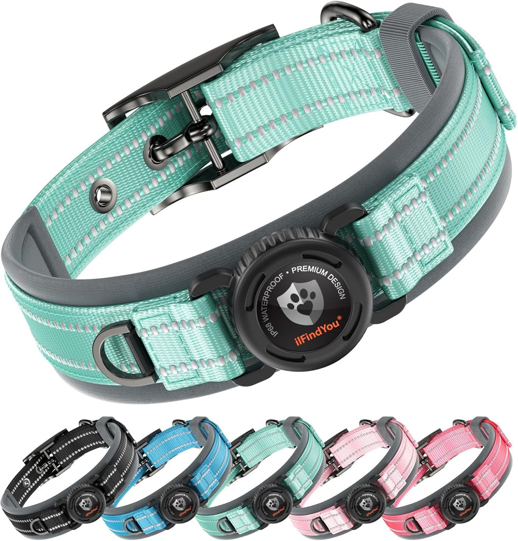 Heavy Duty Dog Collar with Airtag Holder, IP68 Waterproof, M Cyan
