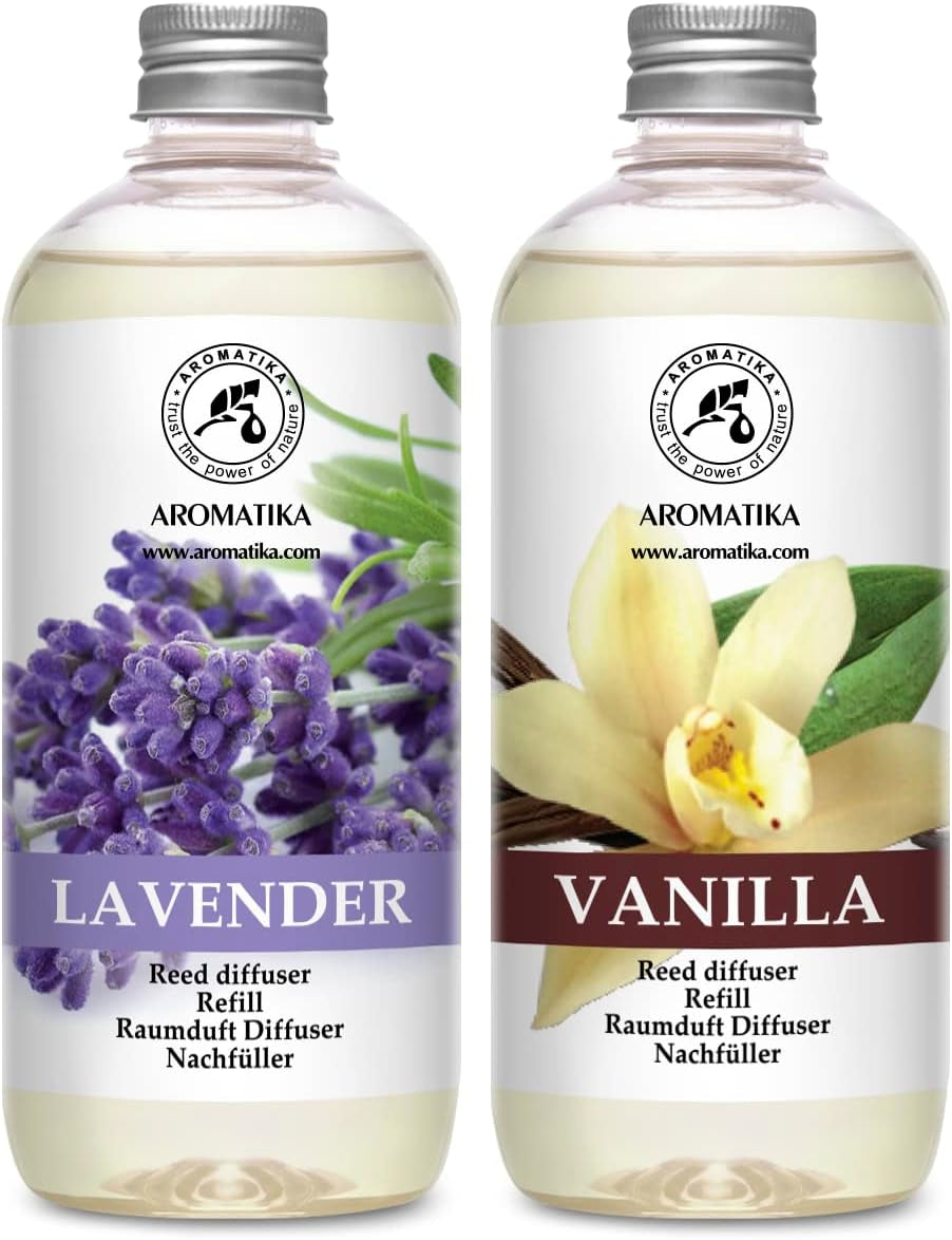 Reed Diffuser Refill Set Vanilla & Lavender with Lavender Essential Oil 34 Fl Oz - 2X500Ml - Fragrance Oil Reed Diffuser Refill - Room Freshener - Floral Fragrance - Fresh and Long Lasting Fragrance