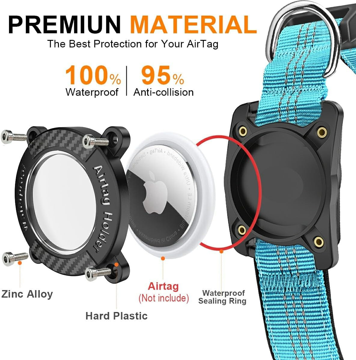 Refective Dog Collar with Holder Compatible with Airtag, Blue, L
