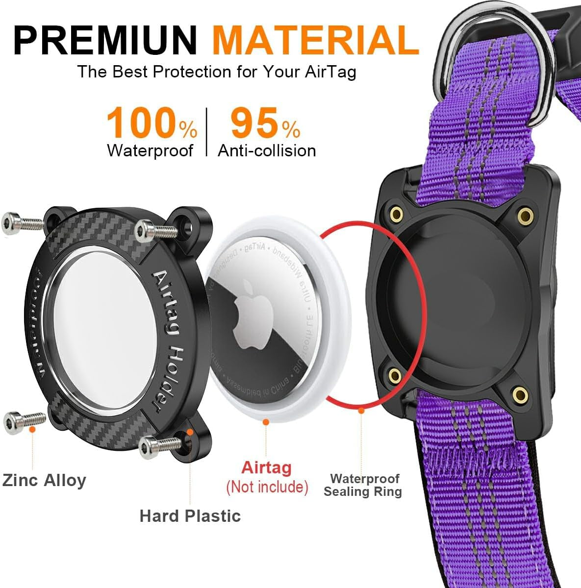 Nylon Dog Collar with Airtag Holder, IPX8 Waterproof, Purple, M