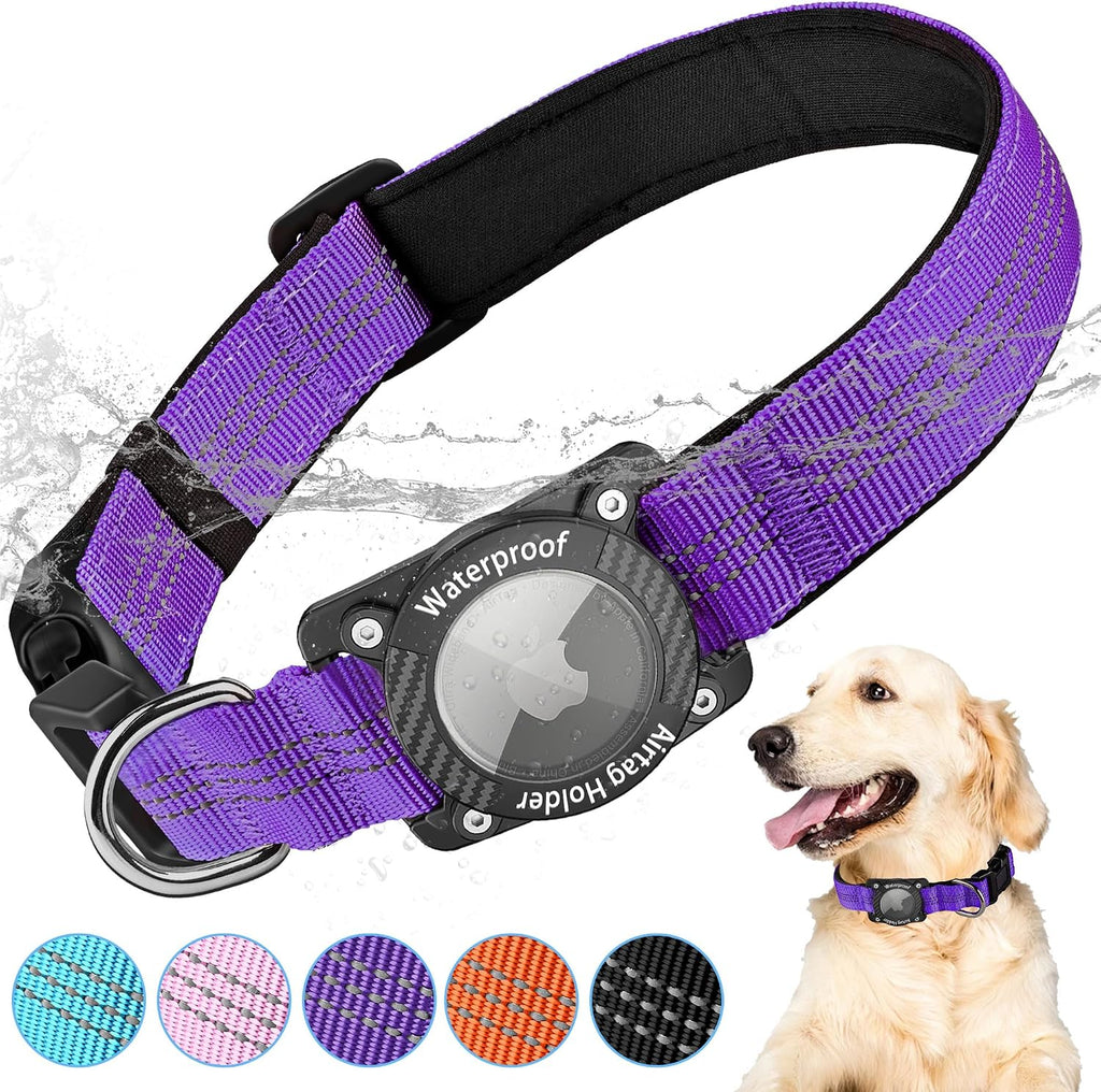 Nylon Dog Collar with Airtag Holder, IPX8 Waterproof, Purple, M
