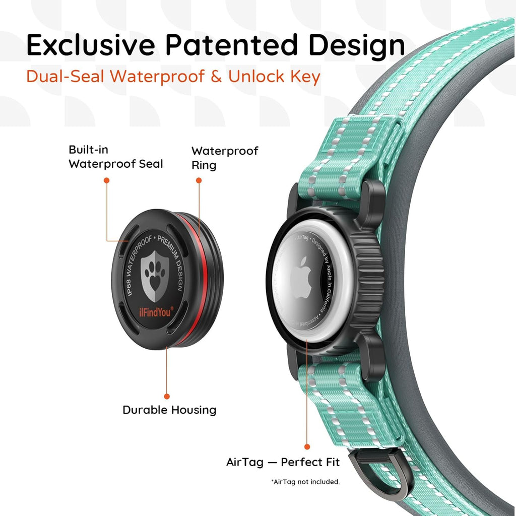 Heavy Duty Dog Collar with Airtag Holder, IP68 Waterproof, M Cyan