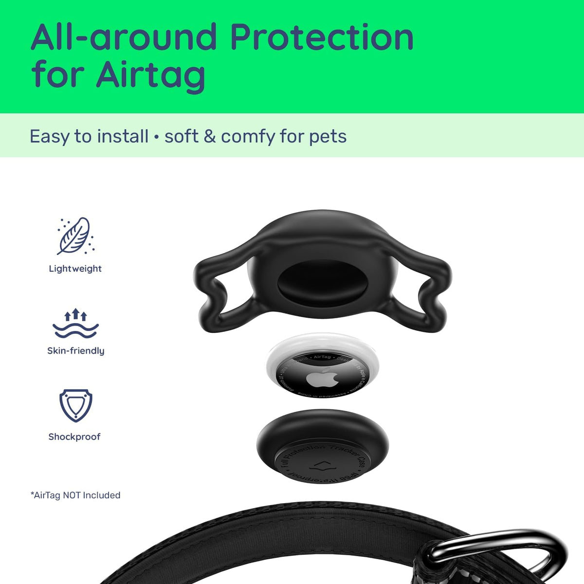 Premium Airtag Dog Collar，With IP68 Waterproof Airtag Holder,Black,S