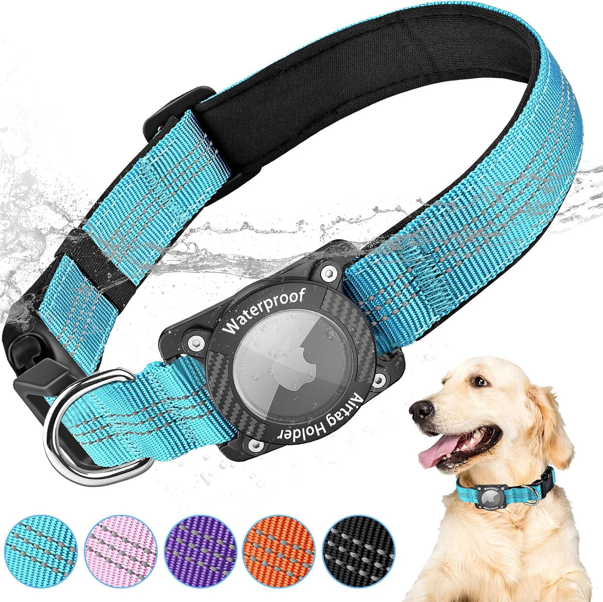 Refective Dog Collar with Holder Compatible with Airtag, Blue, L