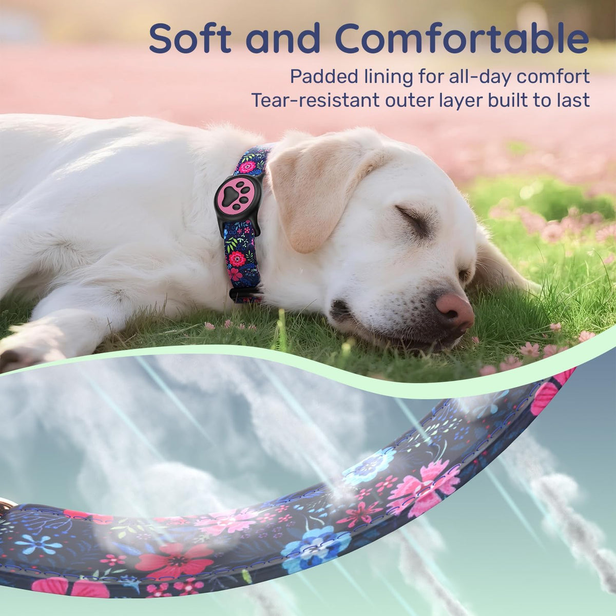 Airtag Dog Collar,With Waterproof Airtag Holder，Original Stylish Cute Pattern Design.Qr Code ID Buckle，Comfortable Soft Cotton for Small Medium Large Dogs
